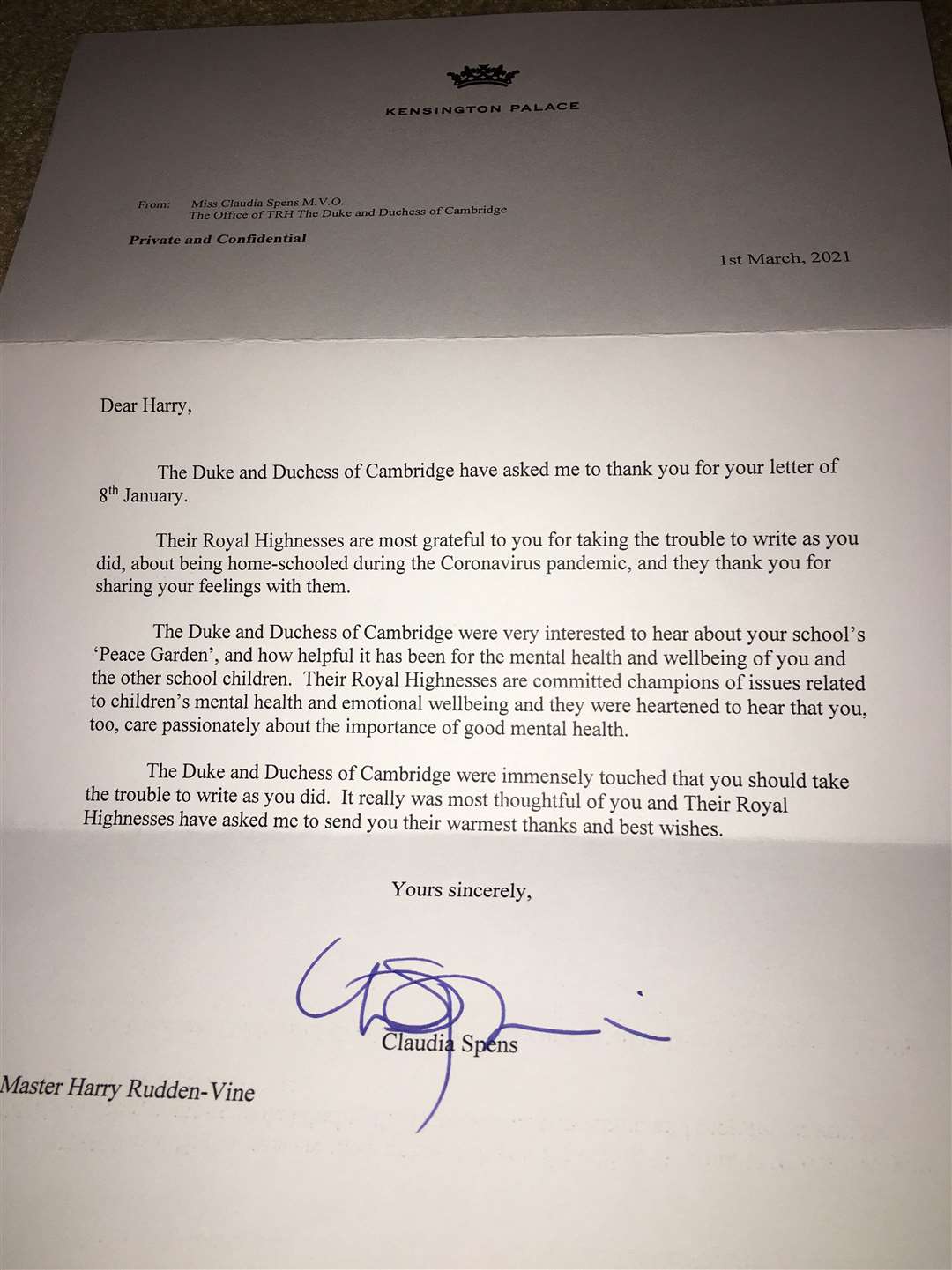 The Duke and Duchess' letter to Harry Rudden-Vine, a seven-year-old from Shorne. Picture: Clair Rudden-Vine