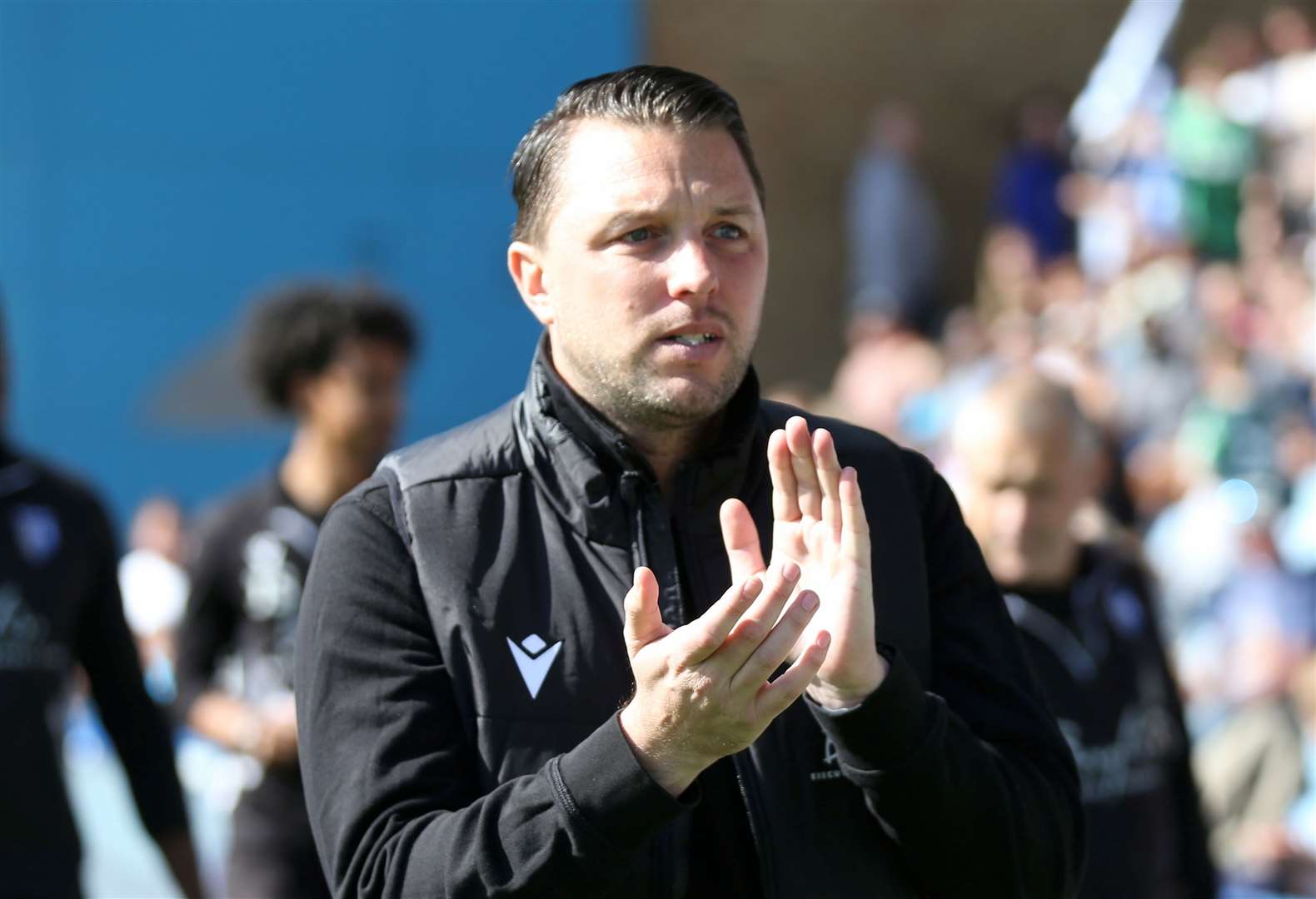 Manager Mark Bonner thanks the fans for their support pre-match against Tranmere Picture: @Julian_KPI