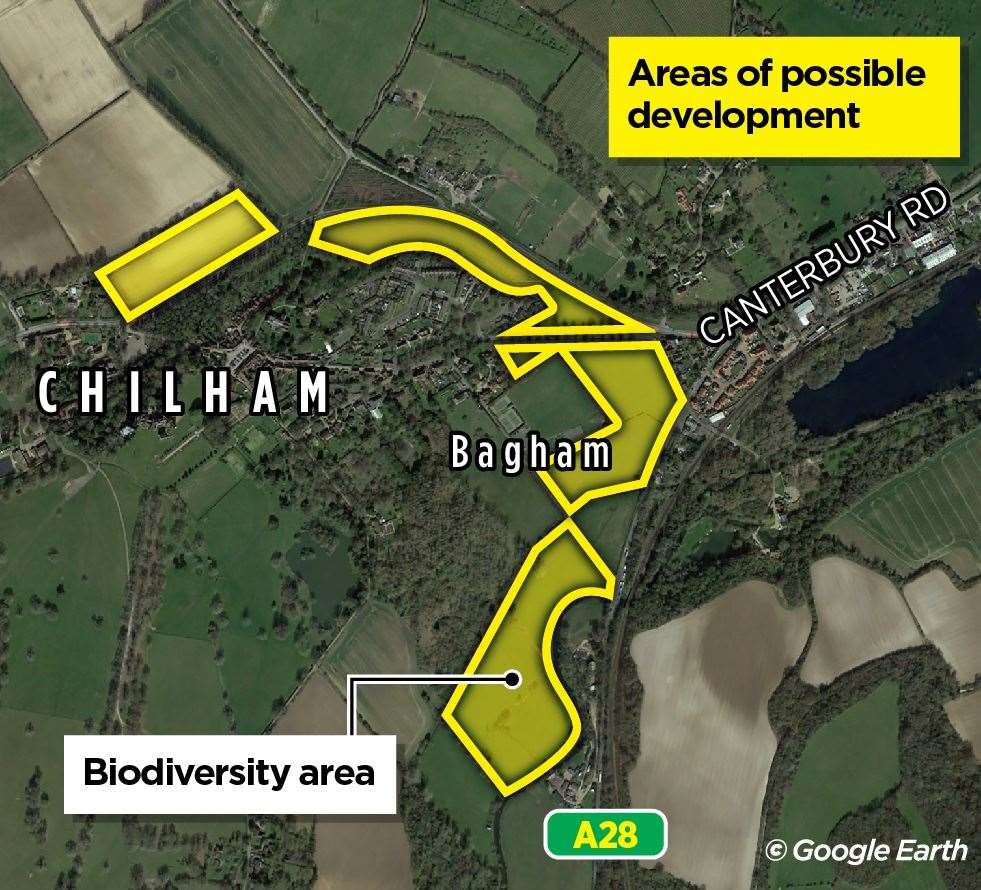 Graphic displaying the area of possible development on the 'green belt' in Chilham which have been submitted in the call for sites for Ashford Borough Council's emerging new Local Plan