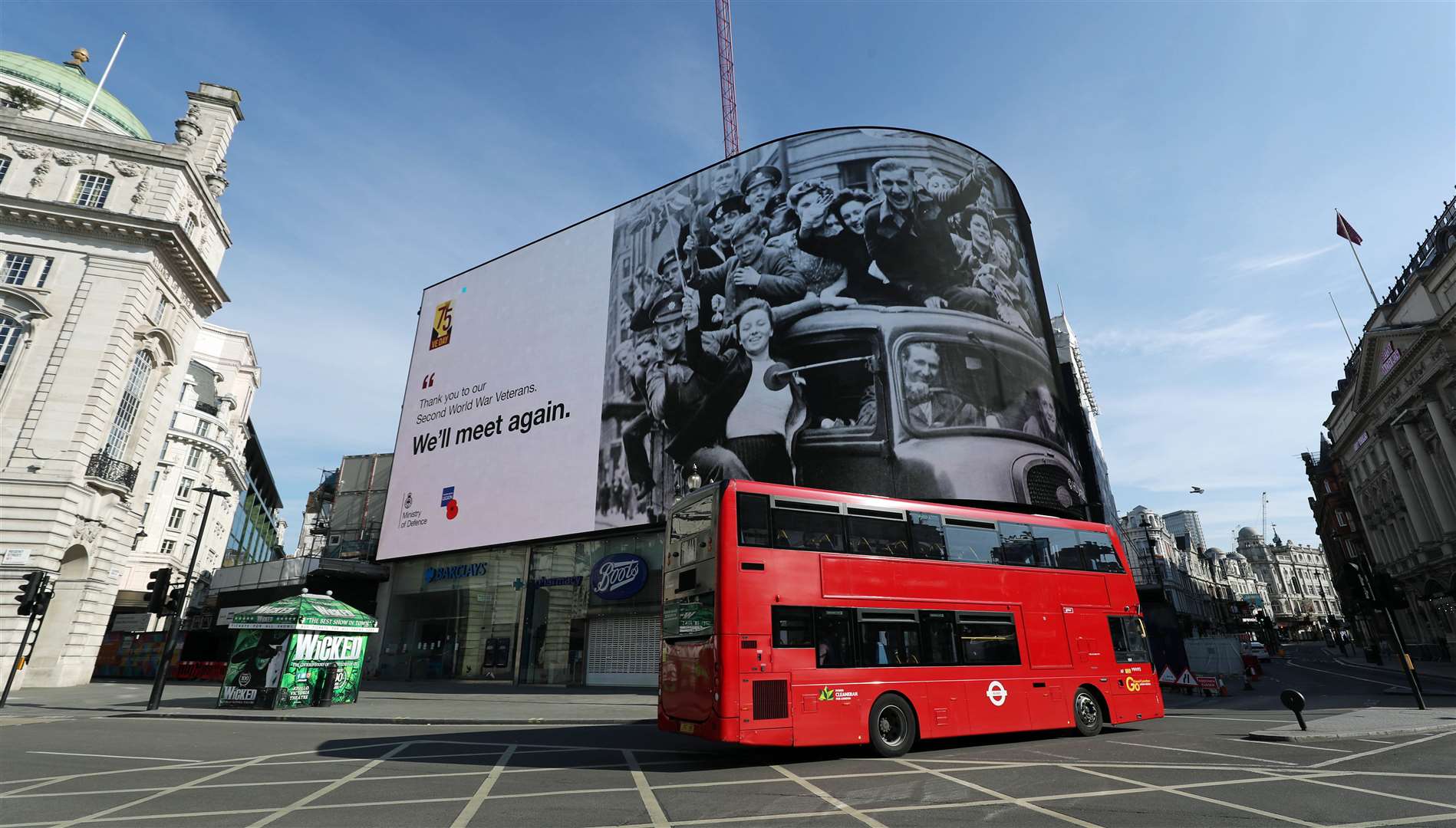 A display by the Ministry of Defence and the British Legion on the Lights in Piccadilly Circus in central London to thank Second World War veterans (Yui Mok/PA)