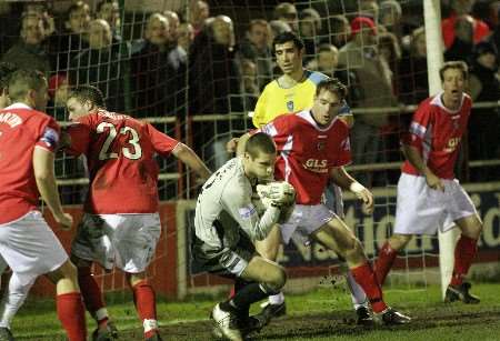 Fleet keeper Charlie Holloway makes a save during the win over Canvey Island. Picture: PETER STILL