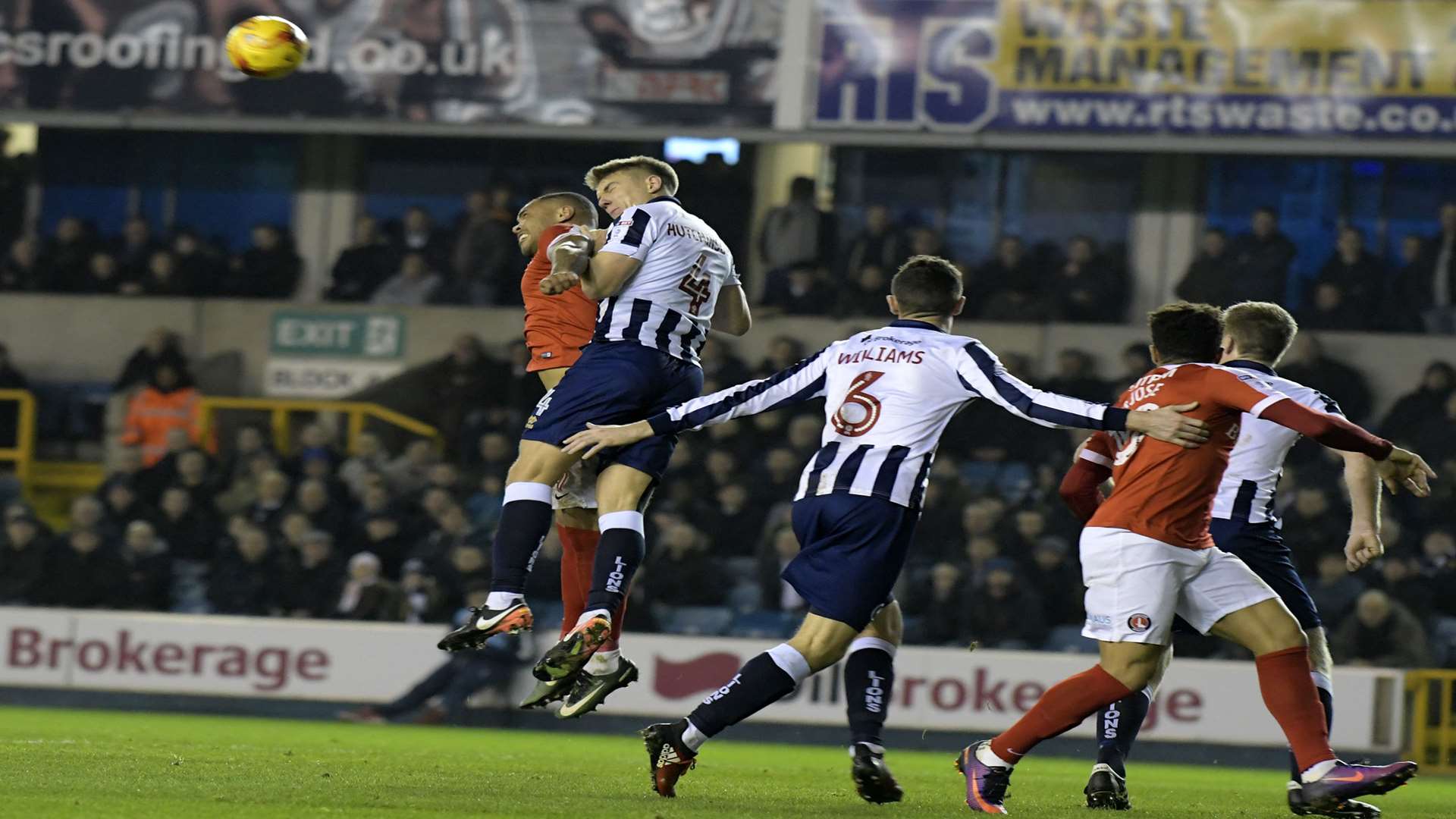 Charlton challenge in the Millwall penalty area. Picture: Barry Goodwin