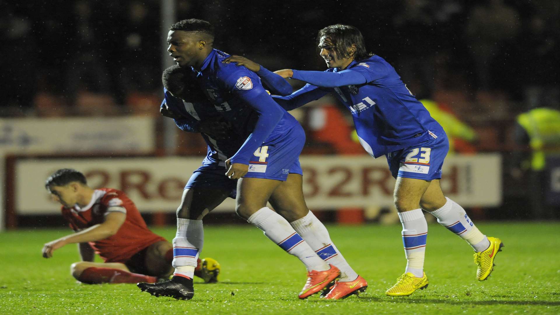 Jermaine McGlashan celebrates scoring the opening Gillingham goal against Crawley Picture: Barry Goodwin