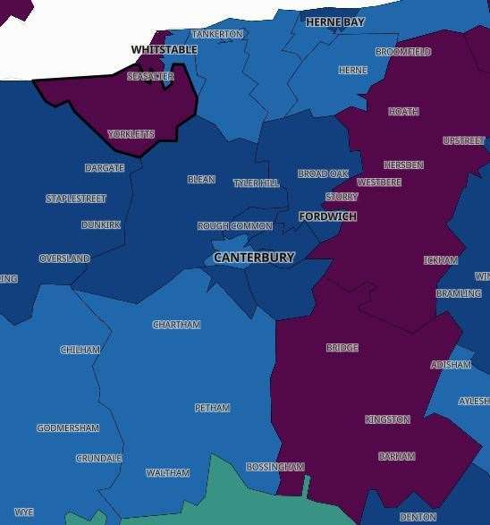 The Covid-19 infection rates in Canterbury. Pic: Public Health England