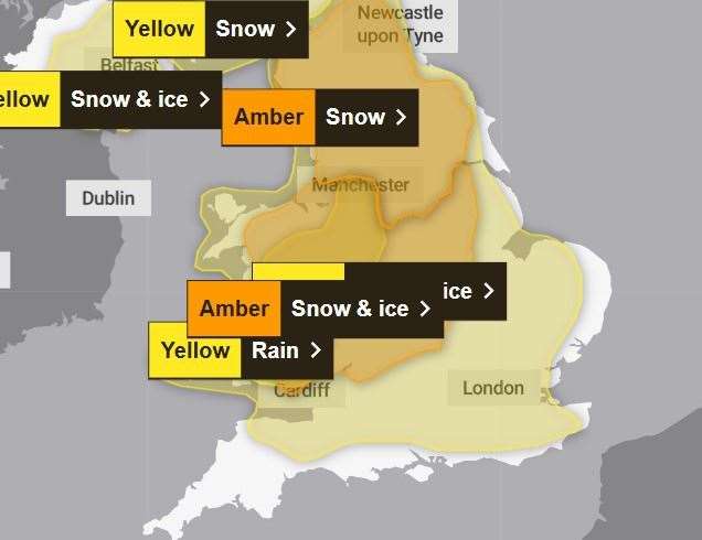 A yellow alert for snow and ice remains in place across Kent. Picture: The Met Office