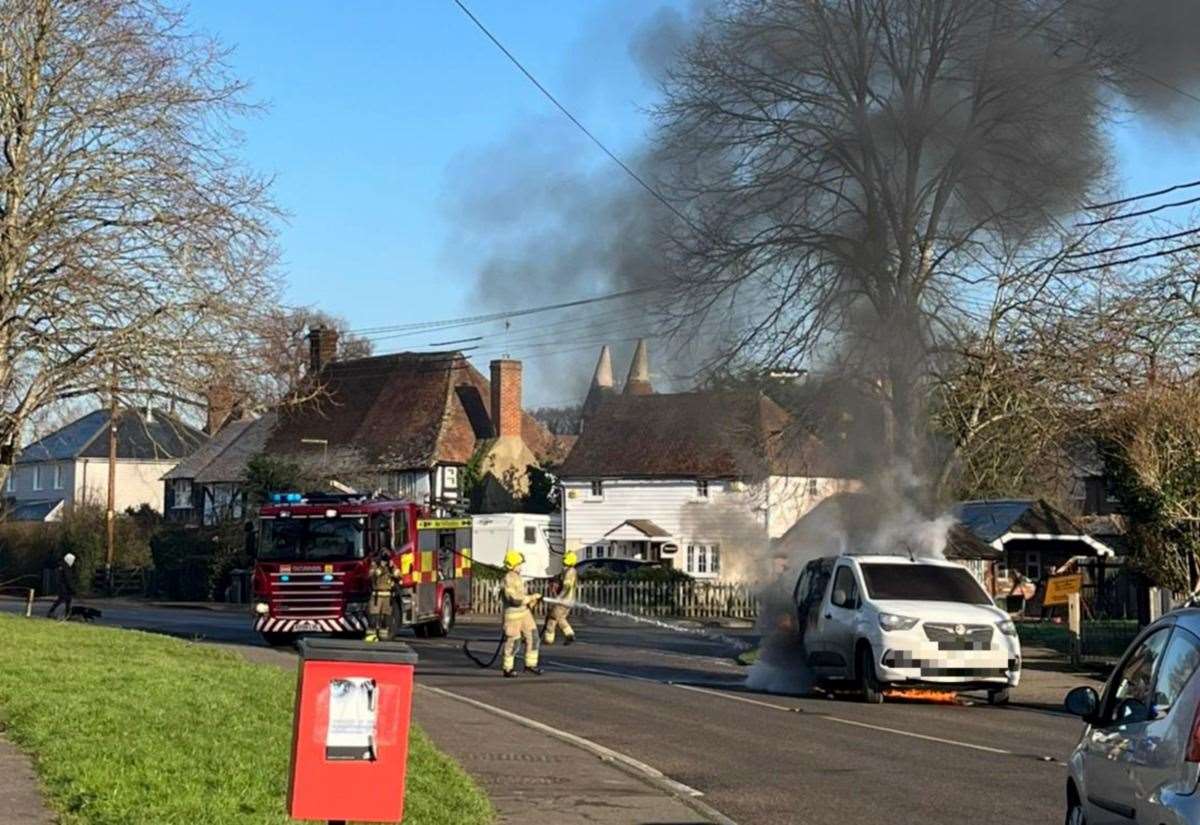 Firefighters battle white Vauxhall van fire in Hale Street, East Peckham