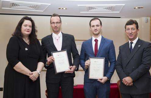 Jamie Robb and Luke Smith (centre) receive certificates for their conduct from Ann Millington and Cllr Nick Chard