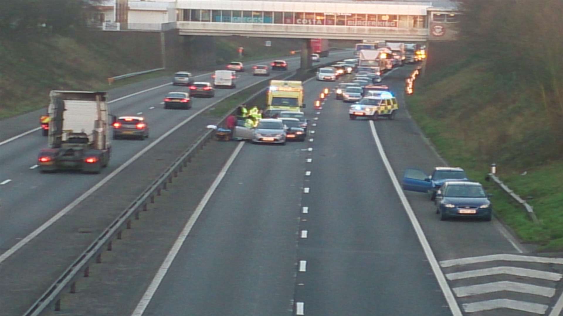 Delays built up on the M2 near the motorway services at Gillingham. Picture: Hayley Robinson