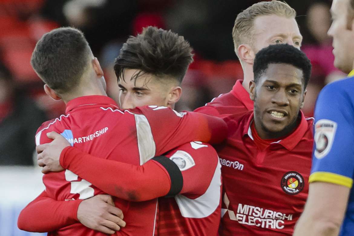 Sean Shields congratulated after scoring for Fleet on Saturday Picture: Andy Payton