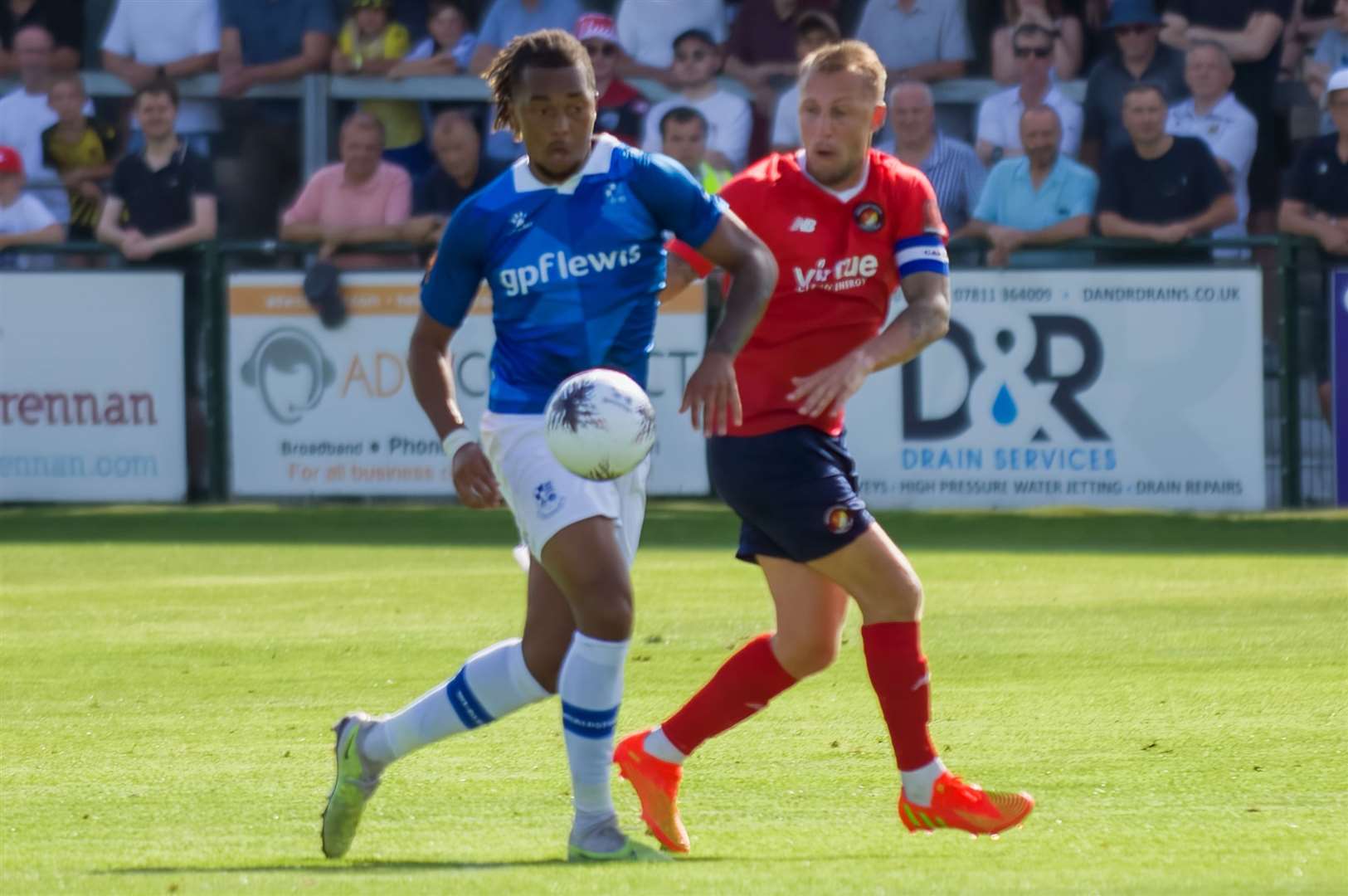 Chris Solly closes down against Wealdstone last Saturday but later saw red in the game.Picture: Ed Miller/EUFC