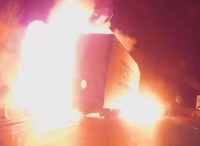 Anthony Moc was travelling along the M25 clockwise, between Junction 5 for Sevenoaks and Junction 6 near Godstone, last night when the Tesco lorry crashed into a barrier and burst into a fireball. Picture: Anthony Moc