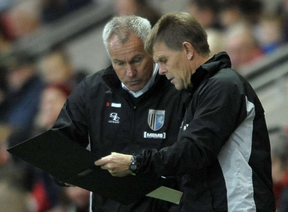 Gills boss Peter Taylor and assistant Andy Hessenthaler on the touchlines at Fleetwood. Picture: Barry Goodwin