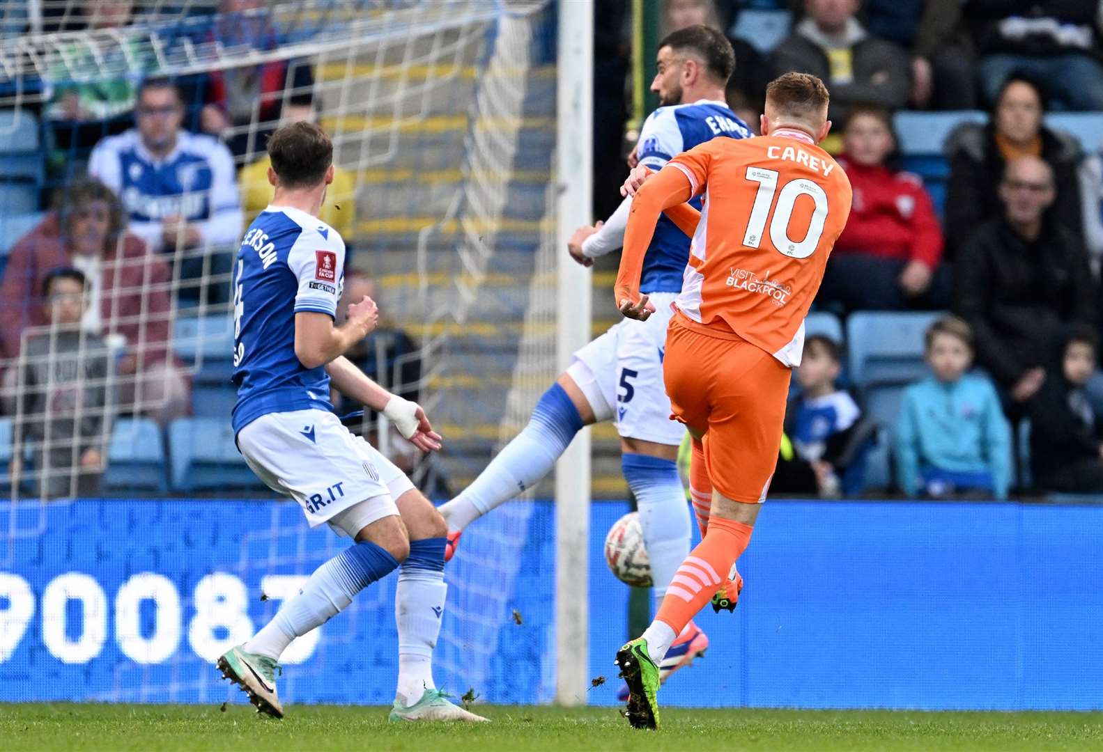 Sonny Carey puts Blackpool ahead at Priestfield on Saturday. Picture: Keith Gillard