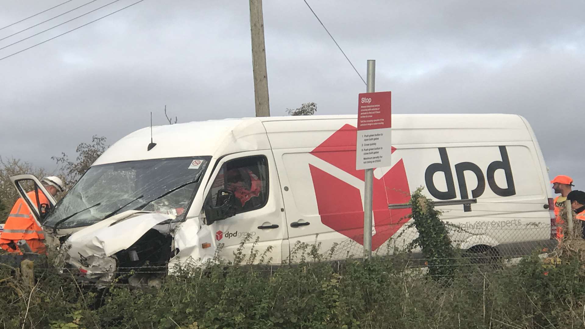 The damage to the front of a van after it was hit by a train off Lower Road, Teynham