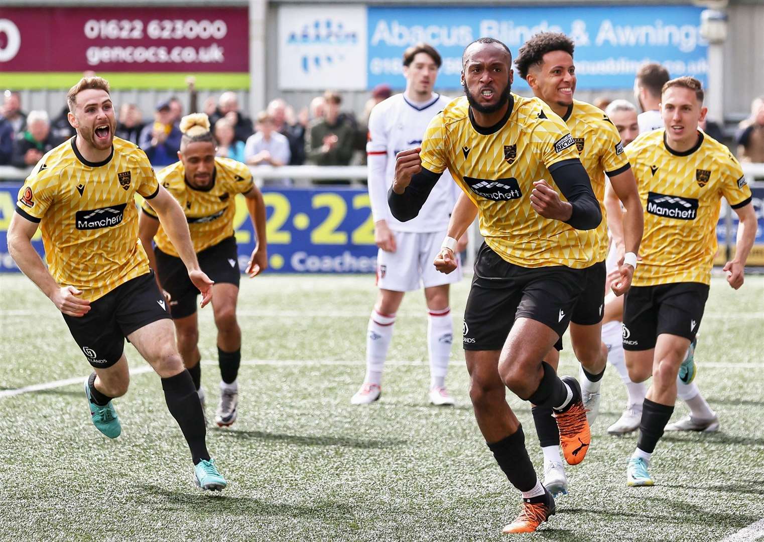 Reiss Greenidge celebrates his early header. Picture: Helen Cooper