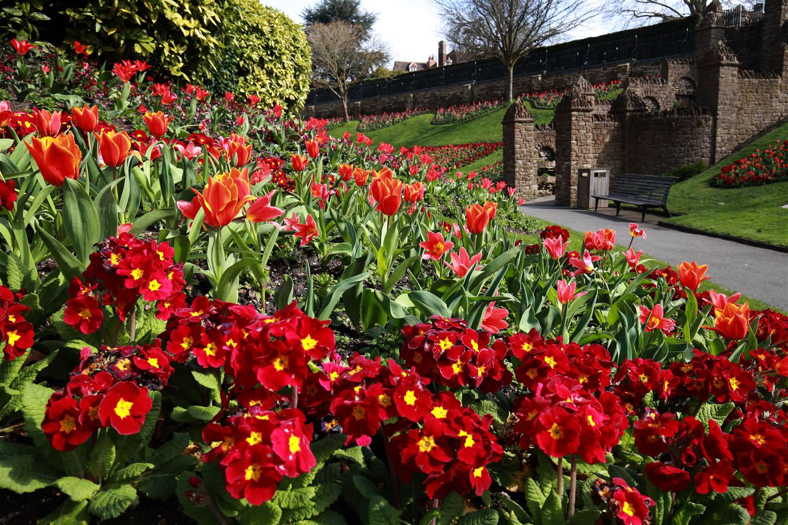 Spring brought finer weather for most parts of the UK, with flowers surrounding Guildford Castle in Surrey in March (Adam Davy/PA)