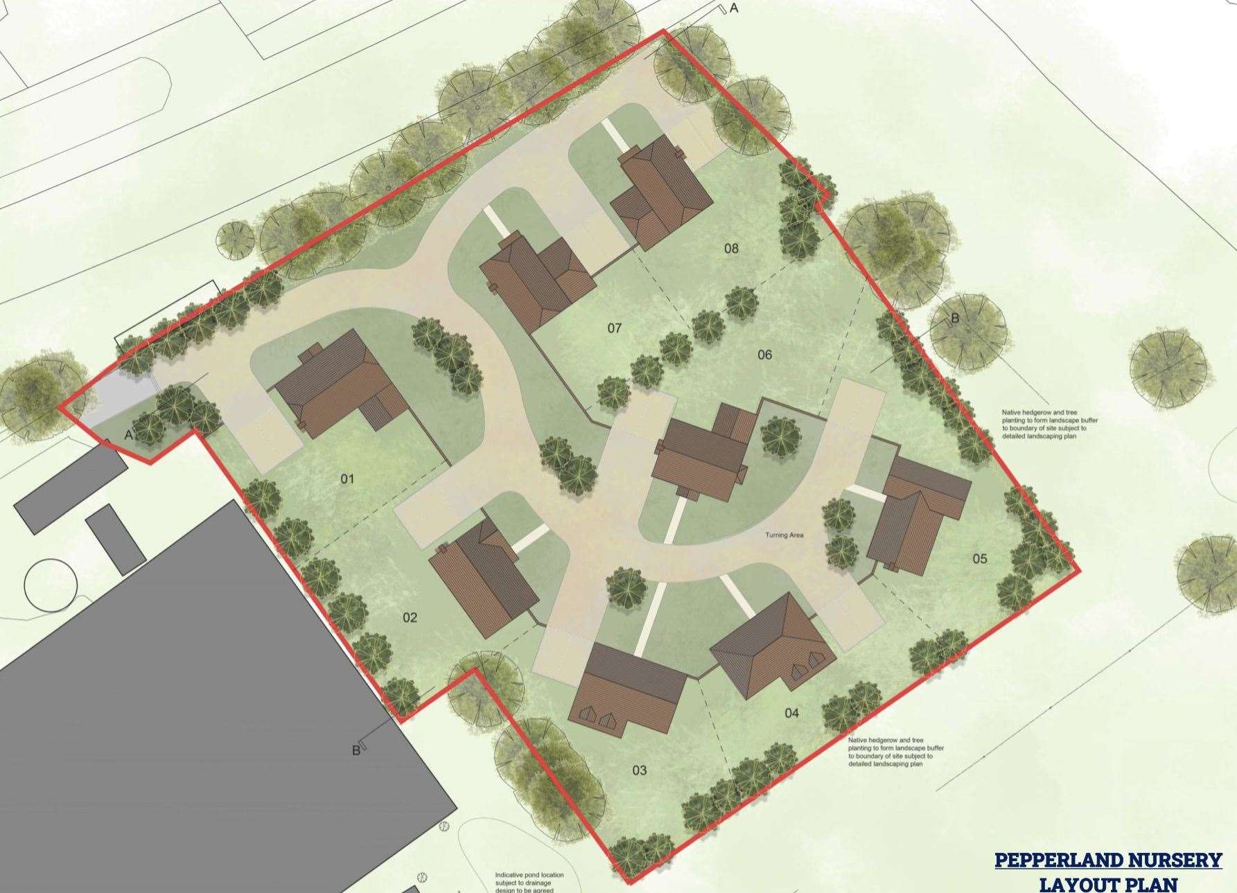 Detailed planning permission has already been granted to build eight houses on the Pepperland Nursery site. Picture: Kent Design Studio