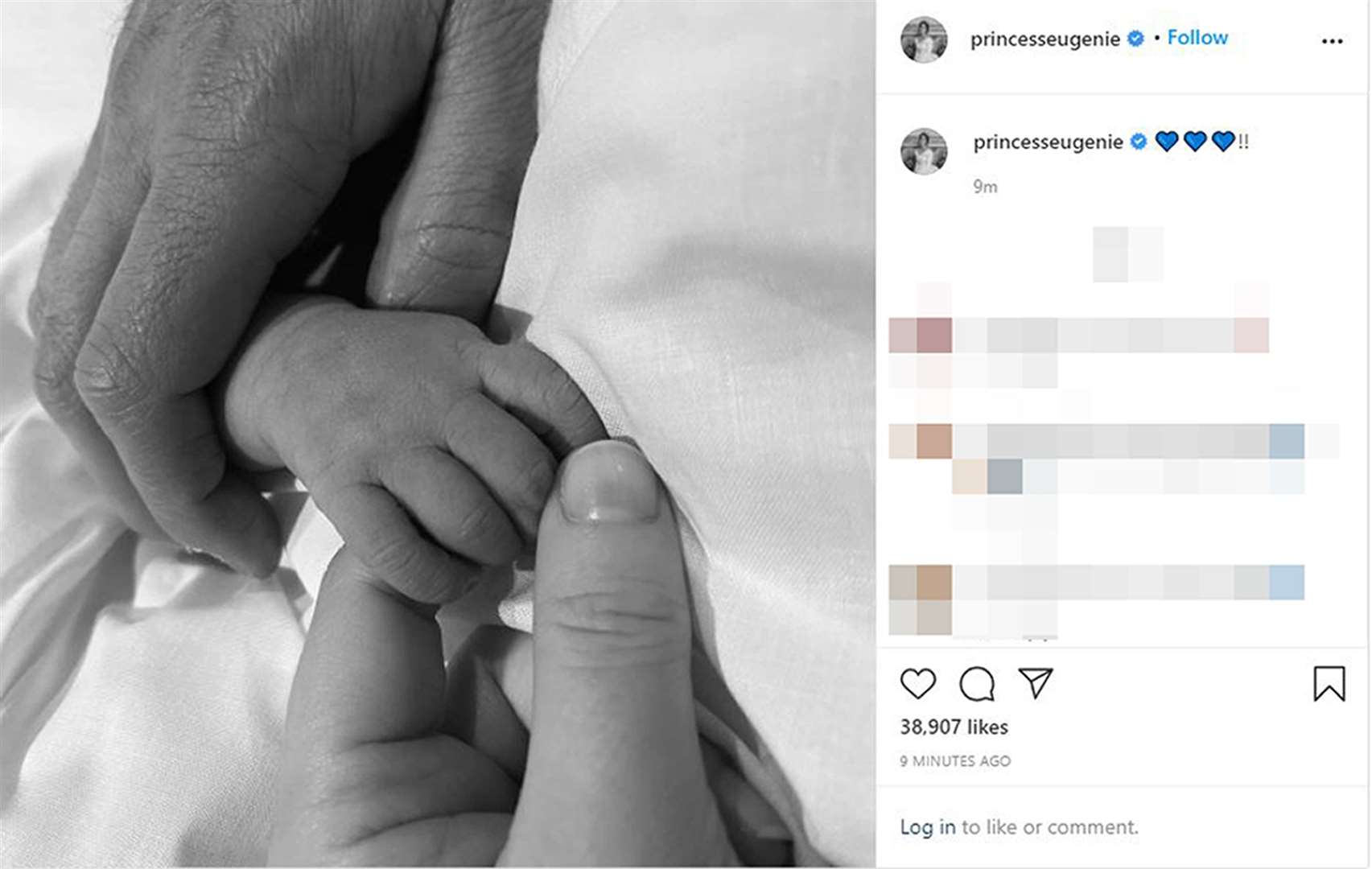 A black and white image was posted to Instagram after Princess Eugenie gave birth to her first child at the Portland Hospital in central London (Princess Eugenie/PA)