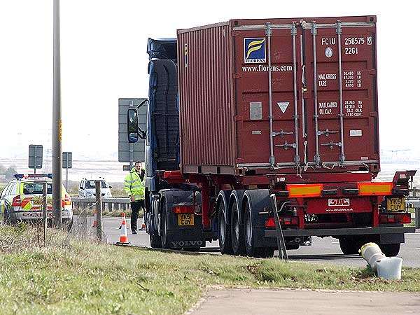 Police cone off Ratcliffe Highway in Operation Overflow as Thamesport, Grain, is closed due to the bad weather. Picture: BARRY CRAYFORD