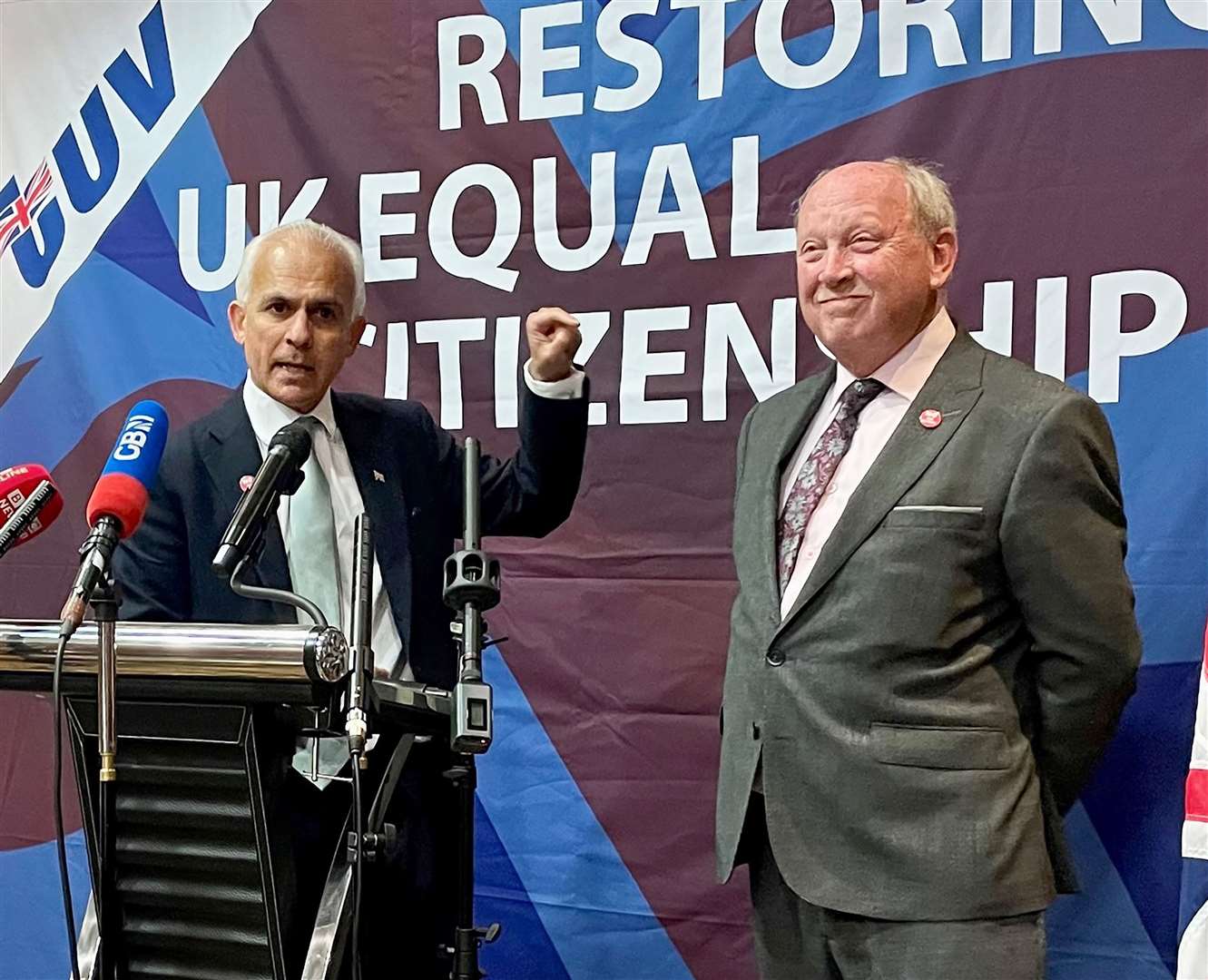 Reform UK deputy leader Ben Habib (left) and TUV leader Jim Allister during the TUV manifesto launch at Dunsilly Hotel in Co Antrim (David Young/PA)