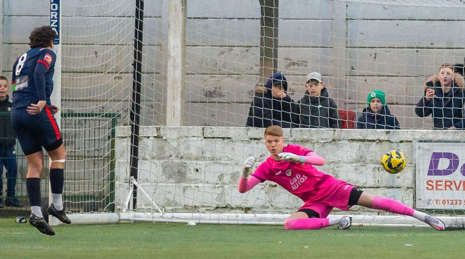 Jack Evans scores from the spot for Chatham in their 4-1 success at Ashford. Picture: Ian Scammell