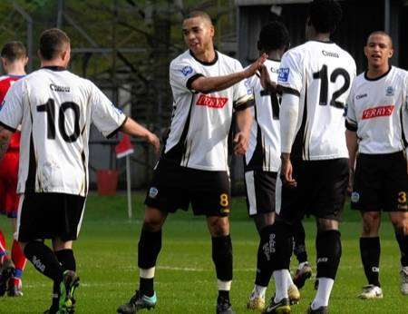 Lewwis Spence celebrates his goal against Bishop's Stortford in Dover's 2-0 win