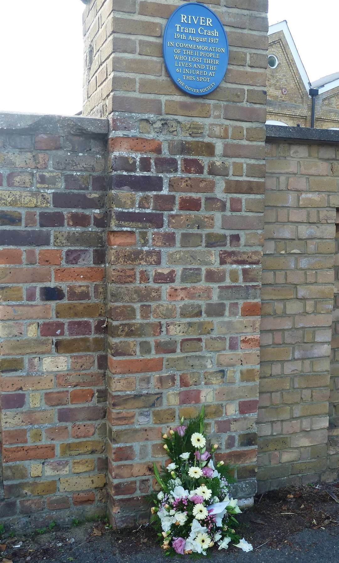 Ceremony for the 100th anniversary of the Crabble tram crash in Dover on August 19, 1917. Plaque plus a bouquet from the driver's grandson of the driver