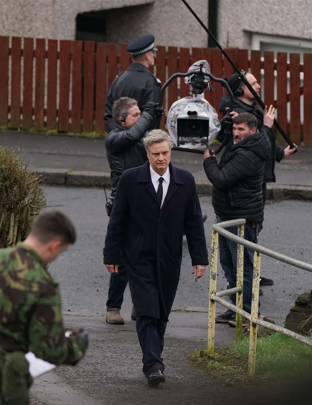 Colin Firth, actors and crew on set (Andrew Milligan/PA)