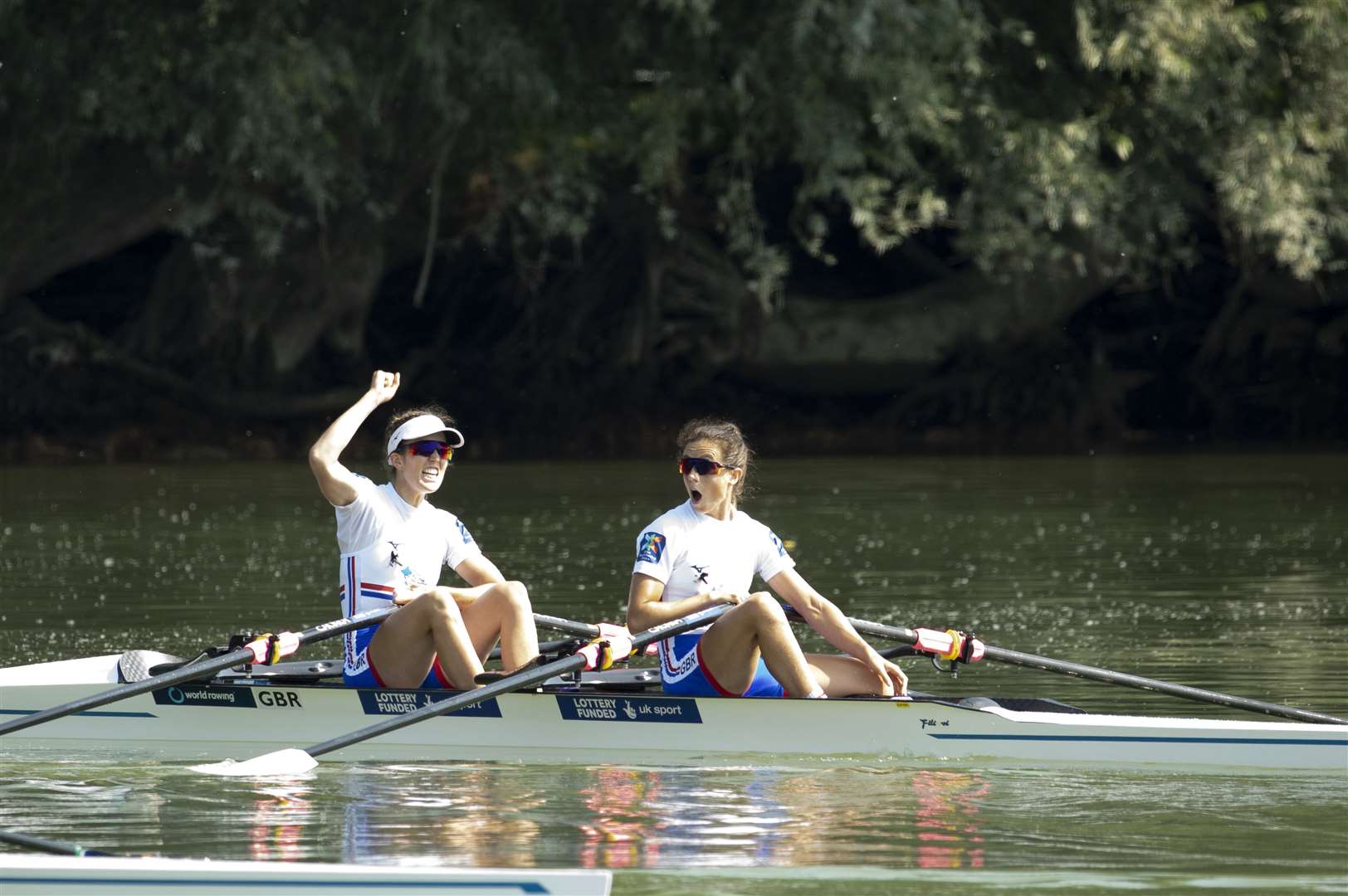 Imogen Grant, right, and Pembury's Emily Craig after winning the bronze medal in the lightweight women's double sculls at the World Rowing Championships in Austria. They will row again together at Tokyo. Picture: Nick Middleton