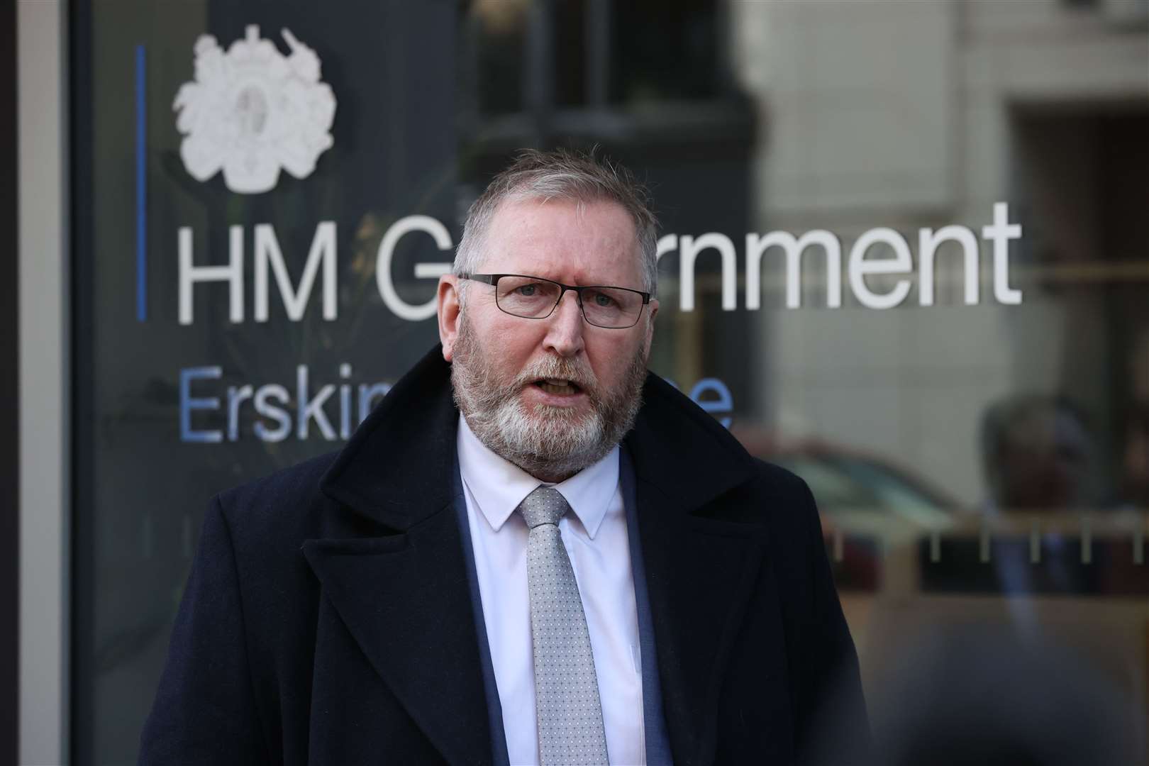 Leader of the Ulster Unionist Party Doug Beattie speaking to the media outside Erskine House, Belfast (Liam McBurney/PA)