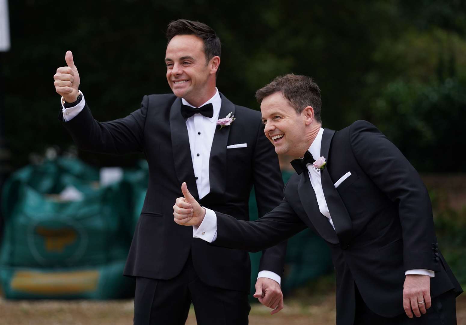 Ant McPartlin, with Declan Donnelly (right), arriving at St Michael’s church, Heckfield (Kirsty O’Connor/PA)