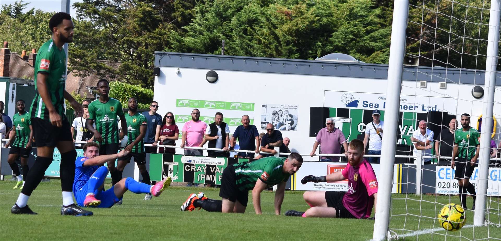 Callum Jones (on ground) opens the scoring for Dartford.at Cray Valley. Picture: Alan Coomes