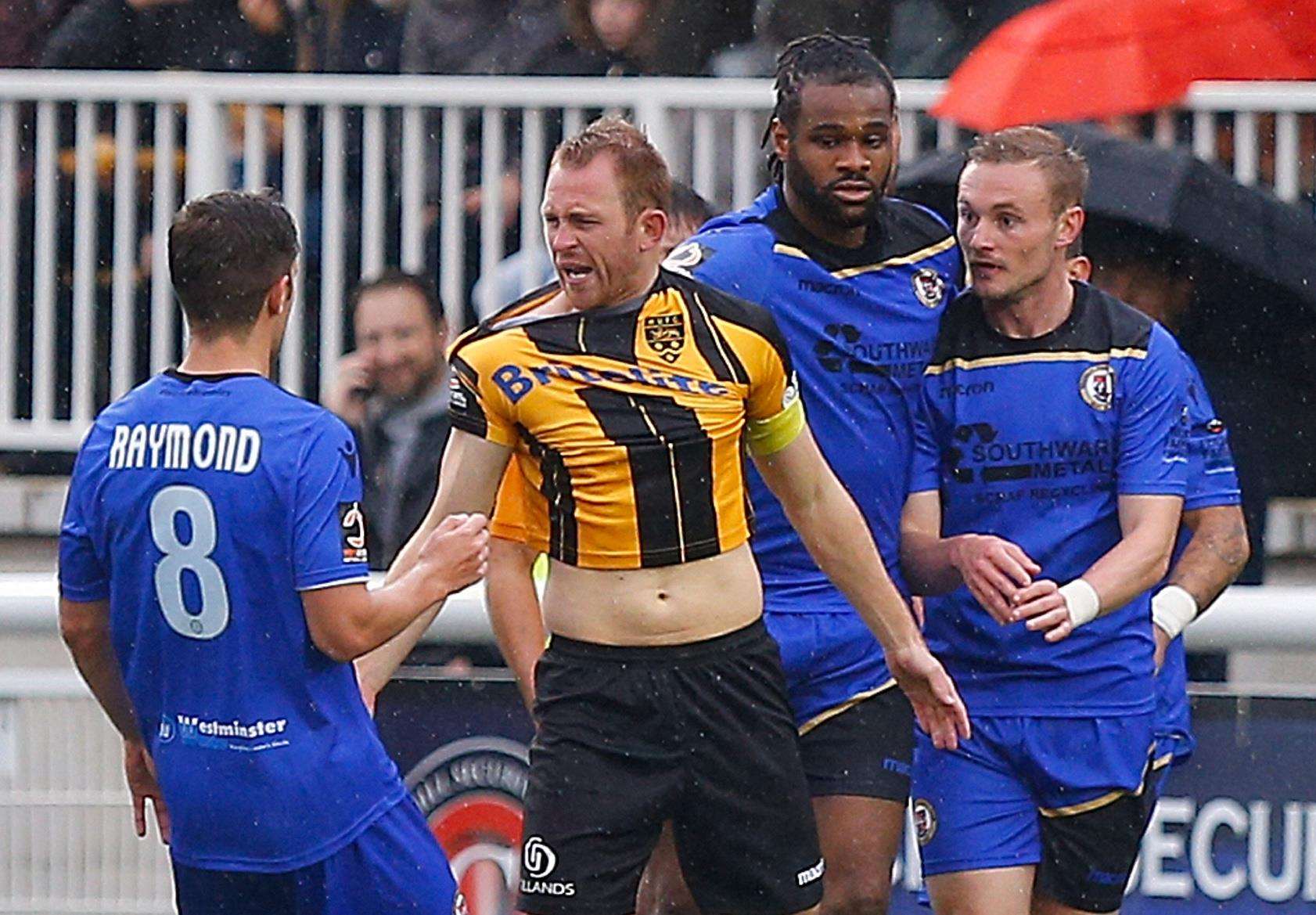 Tempers flare for Stuart Lewis and Bromley's Frankie Raymond Picture: Andy Jones