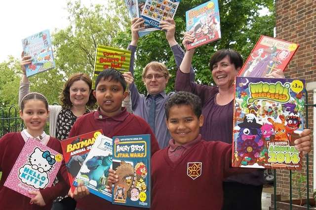 Puma Class at St Anselm's School, Dartford win the KM Kent Literacy Challenge. Pictured are: Literacy Leader Sarah Tarry, class teacher Mathew Stanley, head teacher Laura White and pupils Breanna Pickering, nine, Adrian Manickarajah, nine and Finn Henderson, 10.