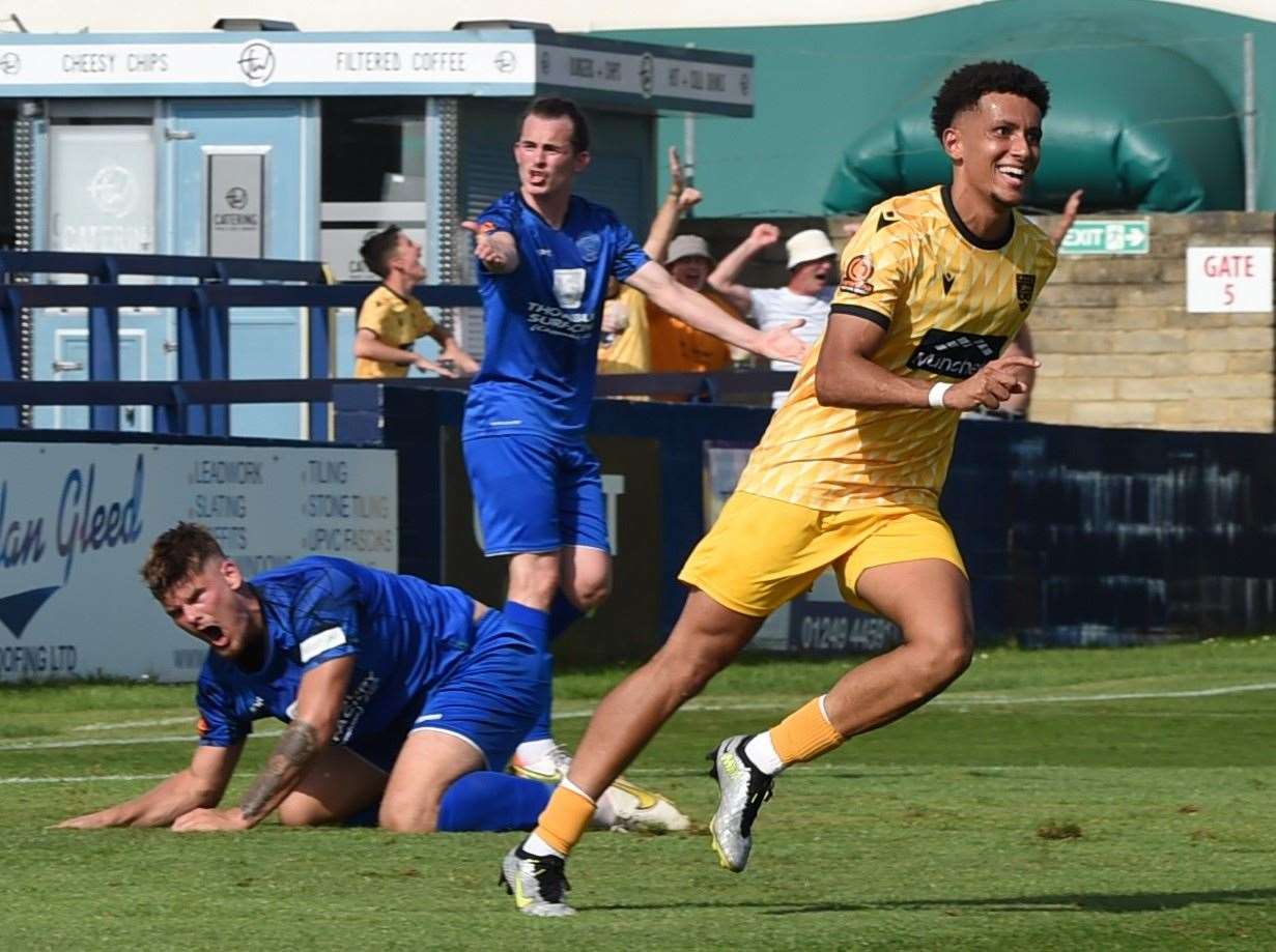 Maidstone forward Sol Wanjau-Smith makes it 2-0. Picture: Steve Terrell