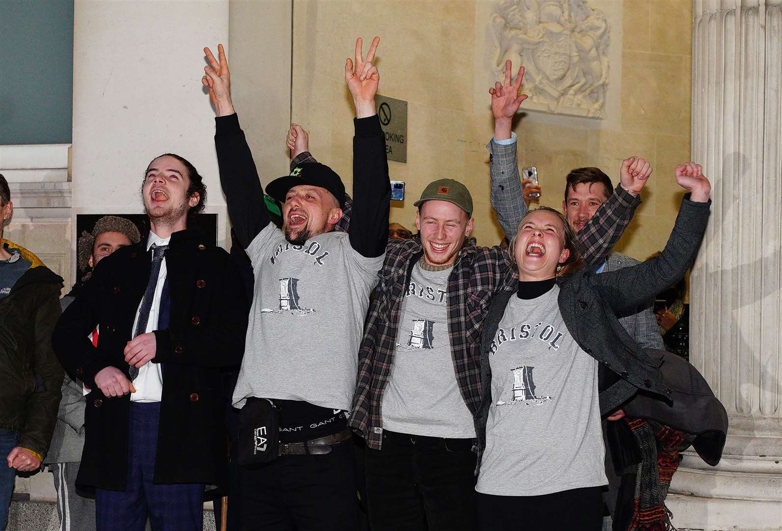 Sage Willoughby, Jake Skuse, Milo Ponsford and Rhian Graham outside Bristol Crown Court (Ben Birchall/PA)