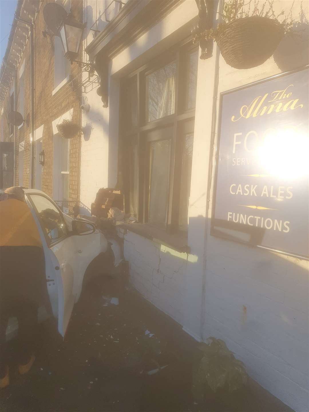 The car was removed and steel supports have been put in place inside the pub