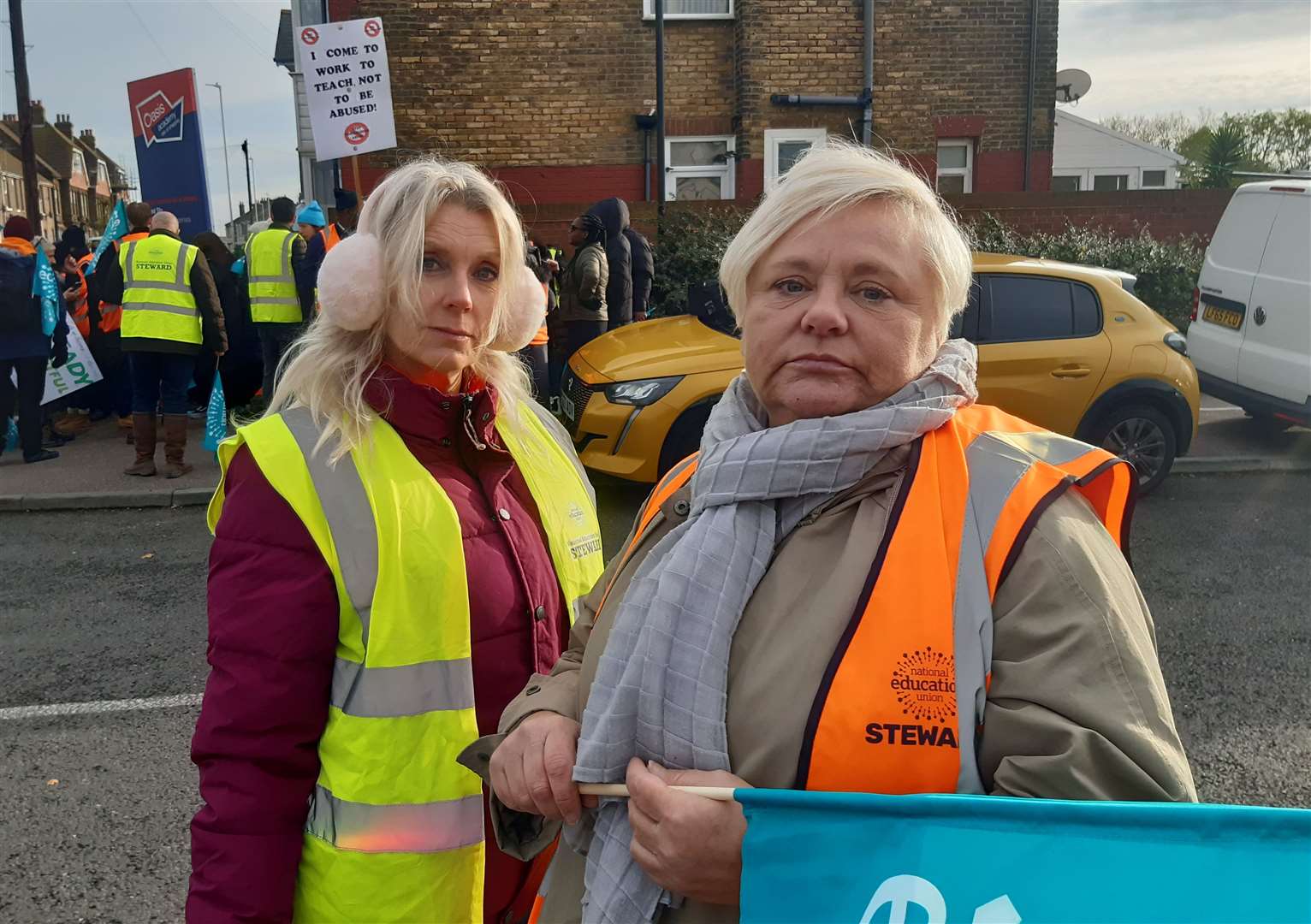 Oasis Academy teachers Claire, left, and Lisa, right, are striking in protest against violence and threats at the school