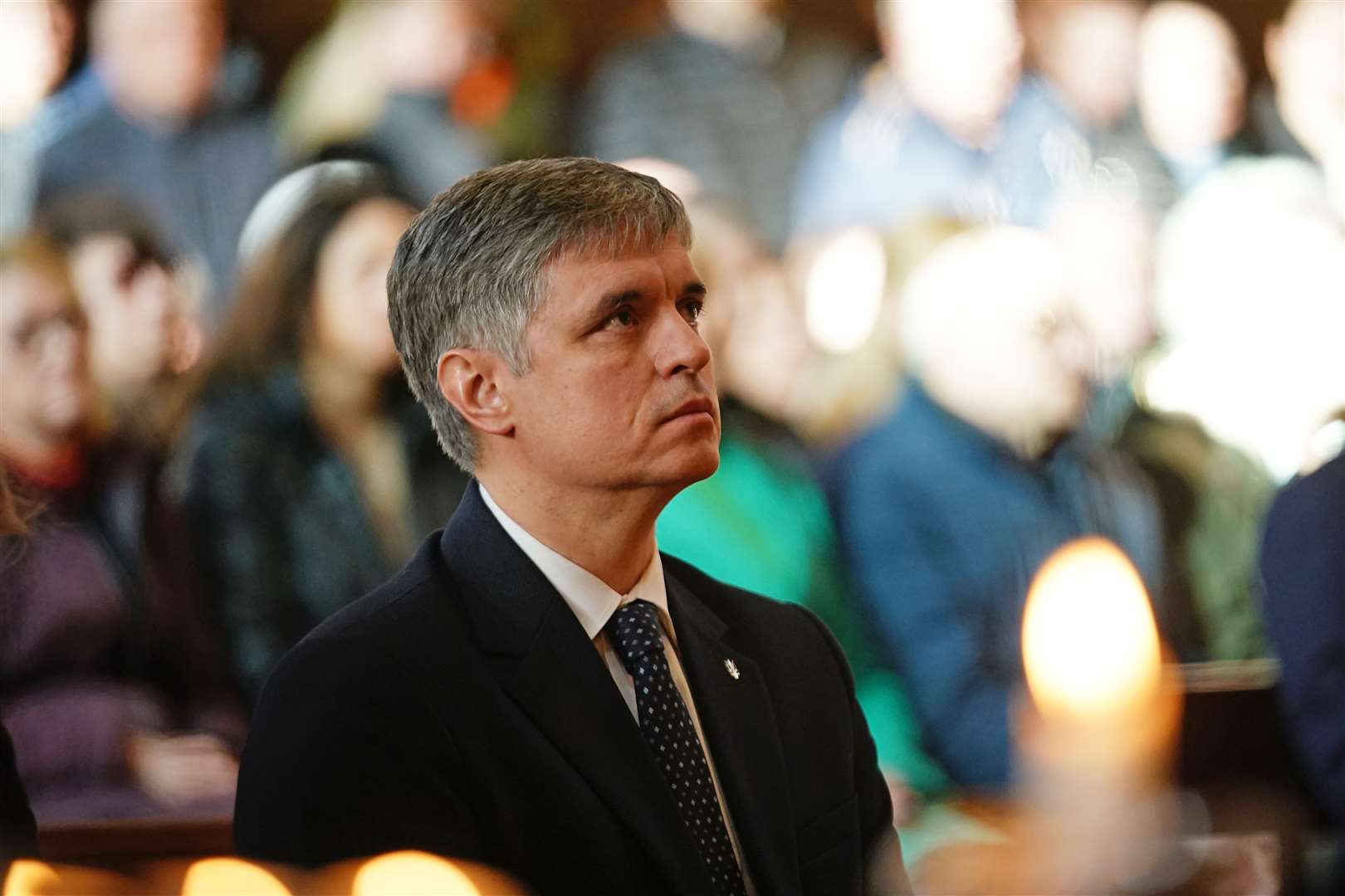 Ambassador of Ukraine to the UK Vadym Prystaiko takes part in a special service at the Ukrainian Catholic Eparchy of Holy Family of London (Aaron Chown/PA)