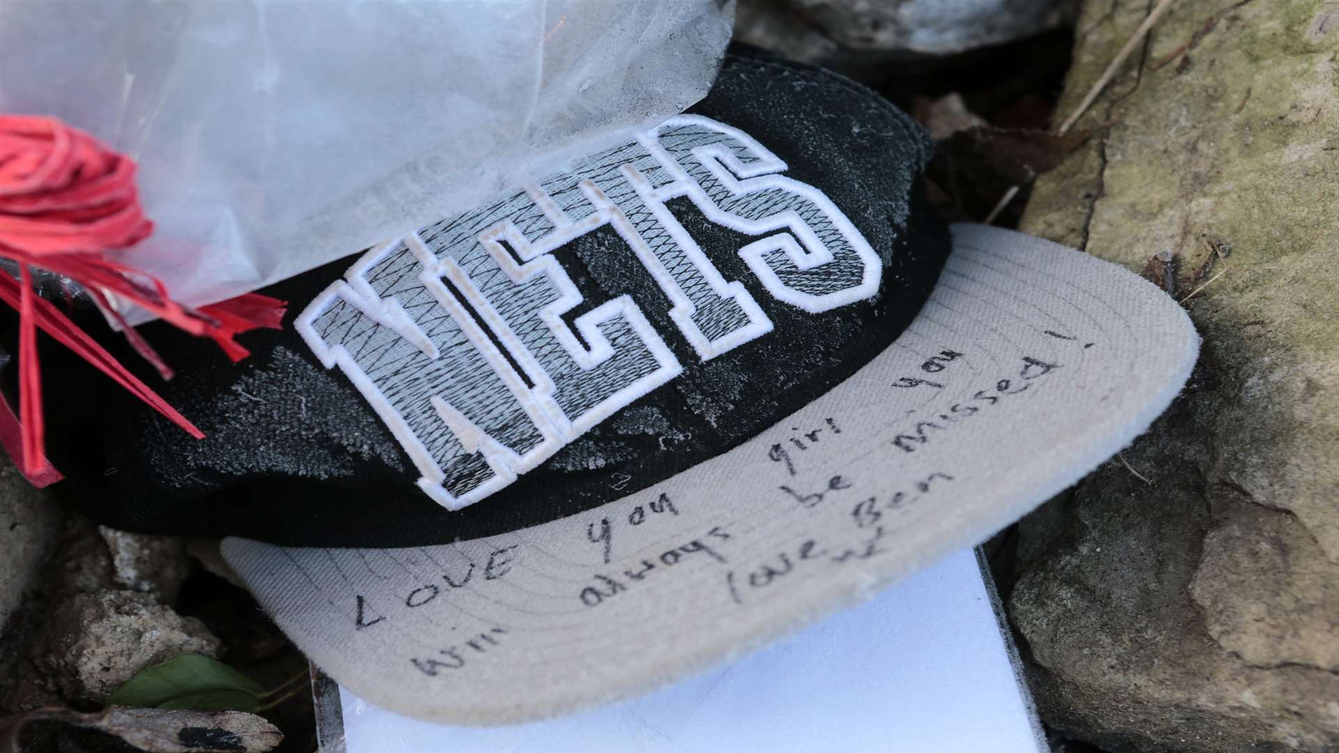 A Nets basketball hat placed in memory of Nicole Parnell