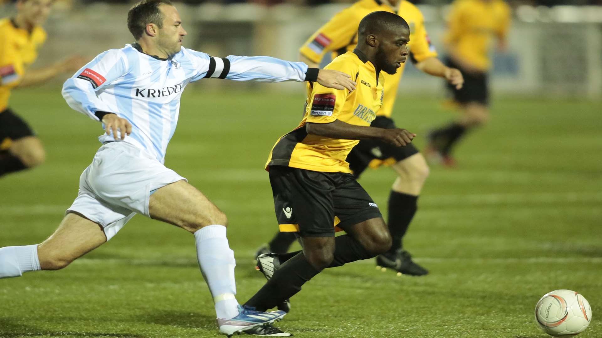 Alex Akrofi takes on former Stone Michael Phillips. FA Cup-tied Akrofi could return for Maidstone's FA Trophy match with Sudbury Picture: Martin Apps