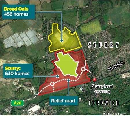 A map showing the sites of the developments and the relief road