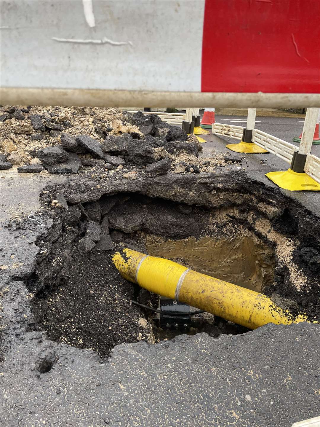 The gas pipe which was ruptured after the water main below burst on Friday night in Stannington, Sheffield, flooding the local gas network (Dave Higgens/PA)
