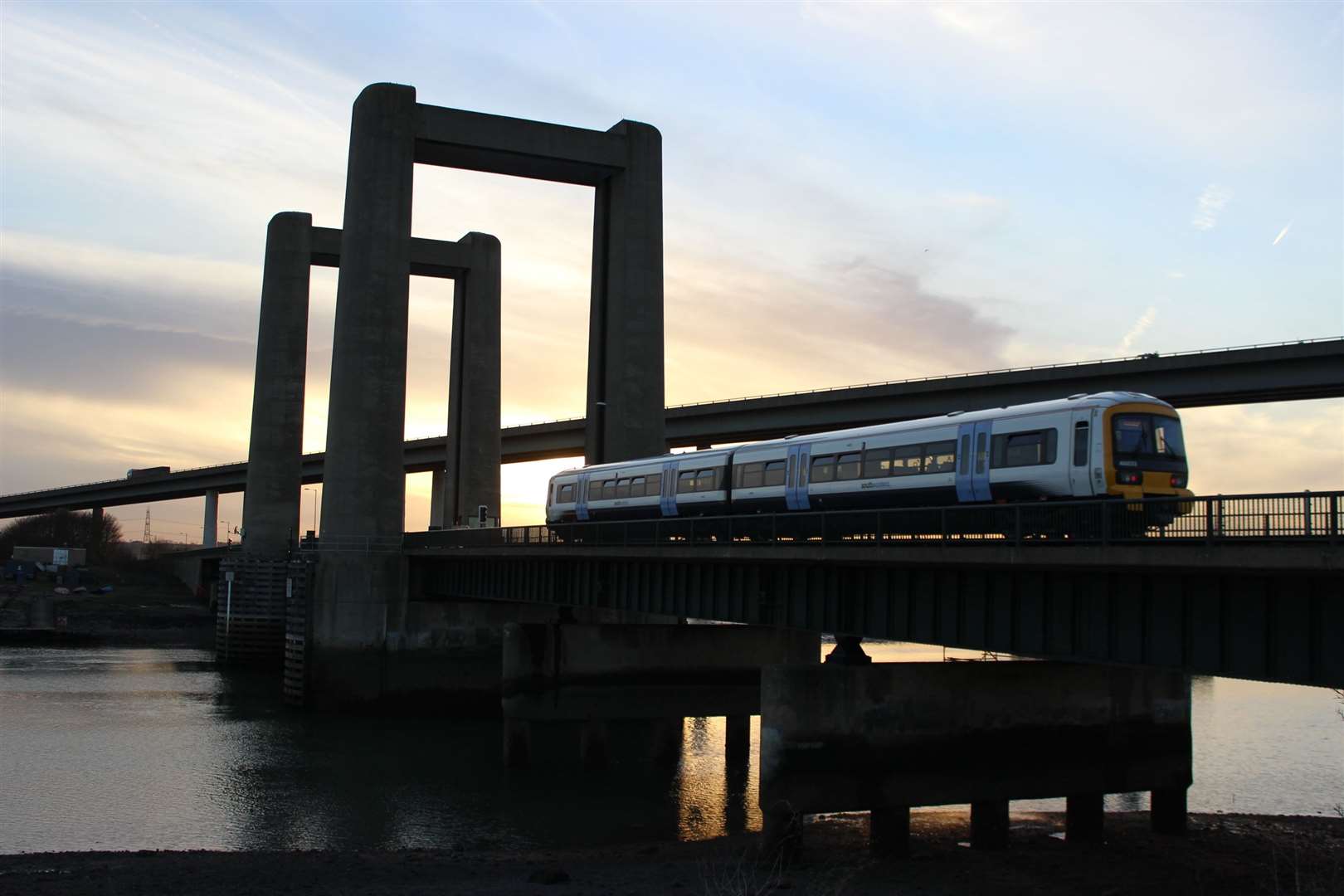 A train crossing the Kingsferry Bridge, Sheppey