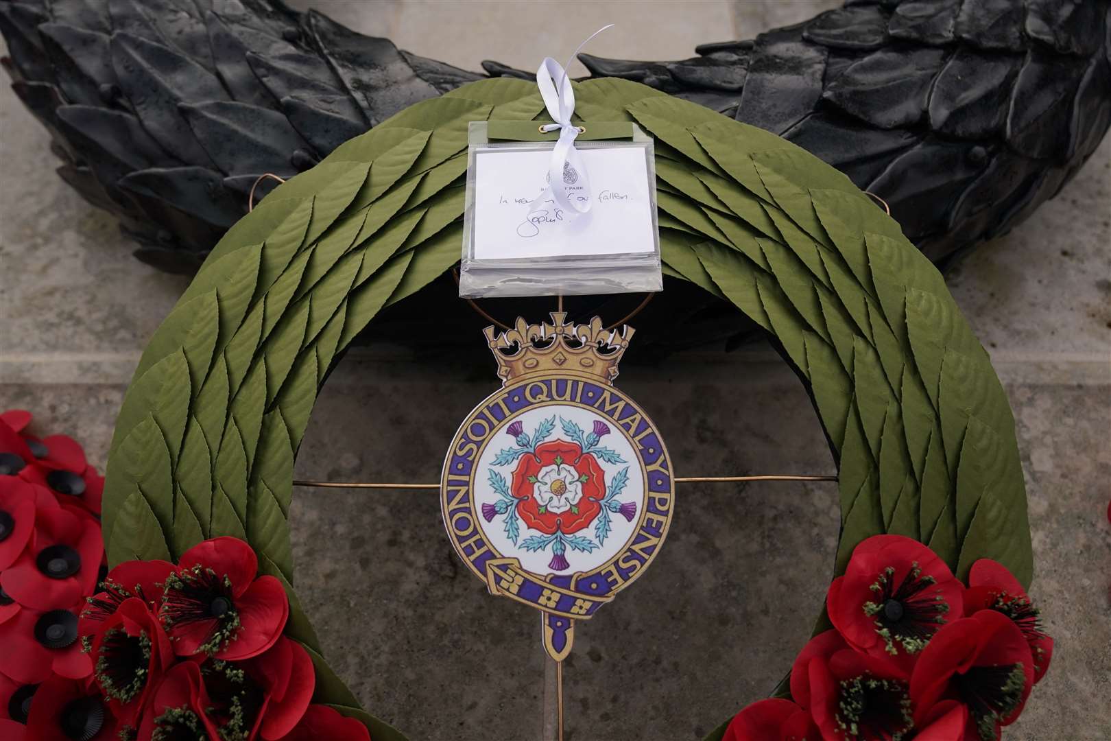 The poppy wreath and message laid by the Duchess of Edinburgh during the Remembrance service at National Memorial Arboretum, Alrewas, Staffordshire (Jacob King/PA)