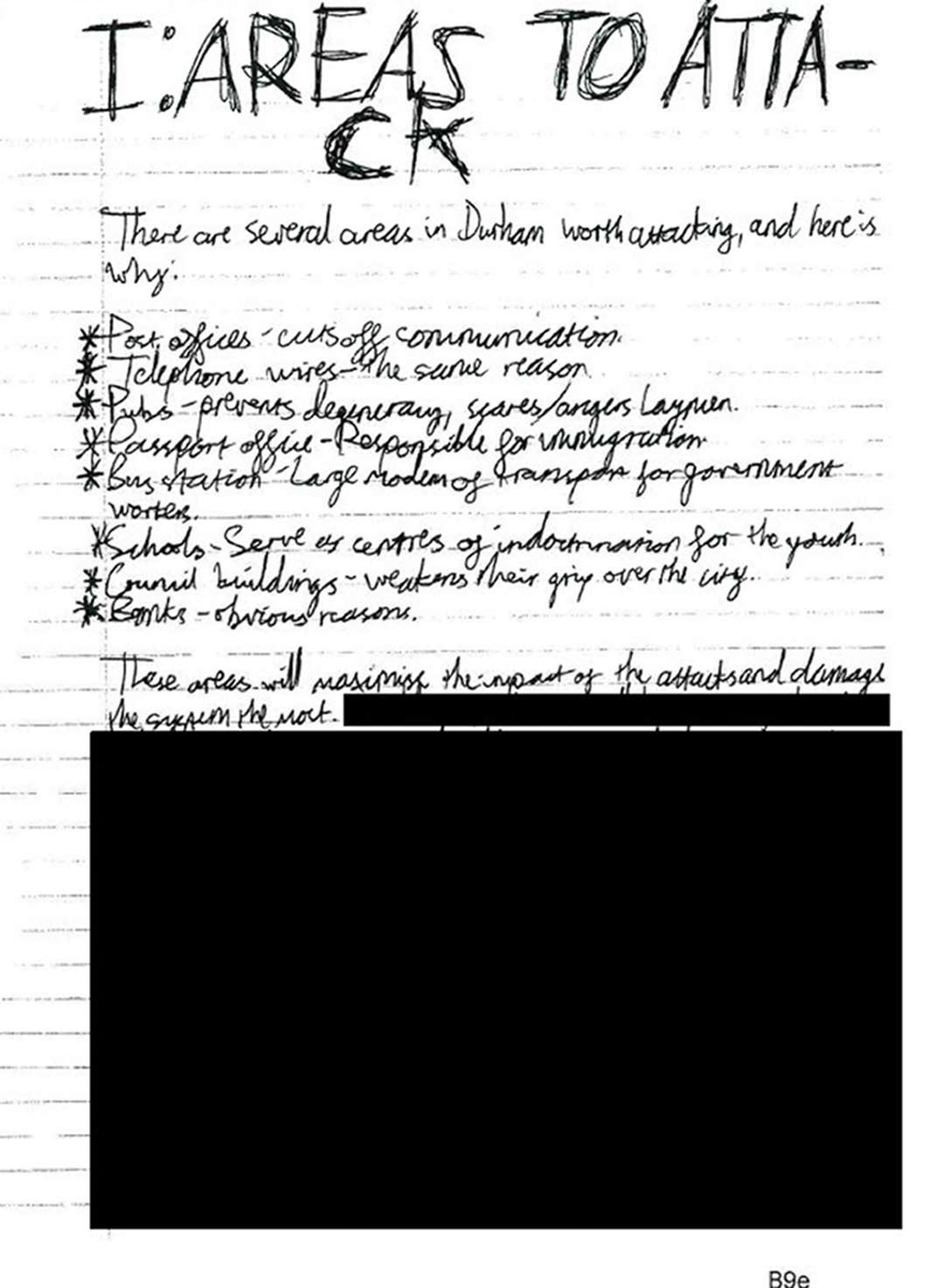 Excerpt taken from Jack Reed’s ‘manifesto’ which listed areas worth attacking in Durham (Counter Terrorism Police North East/PA)