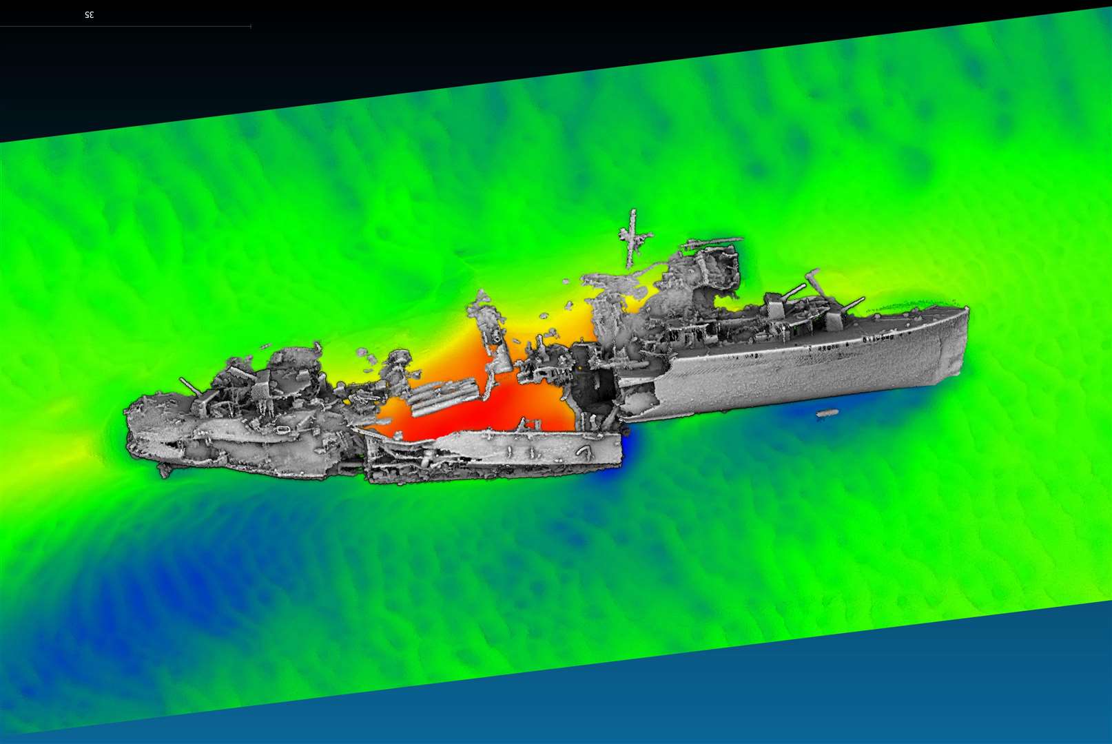 Multibeam survey of the wreck of the destroyer HMS Keith, showing the displaced hull section, after she sank off the coast of Dunkirk during the evacuations in 1940. Picture: Drassm/MSDS Marine/Historic England