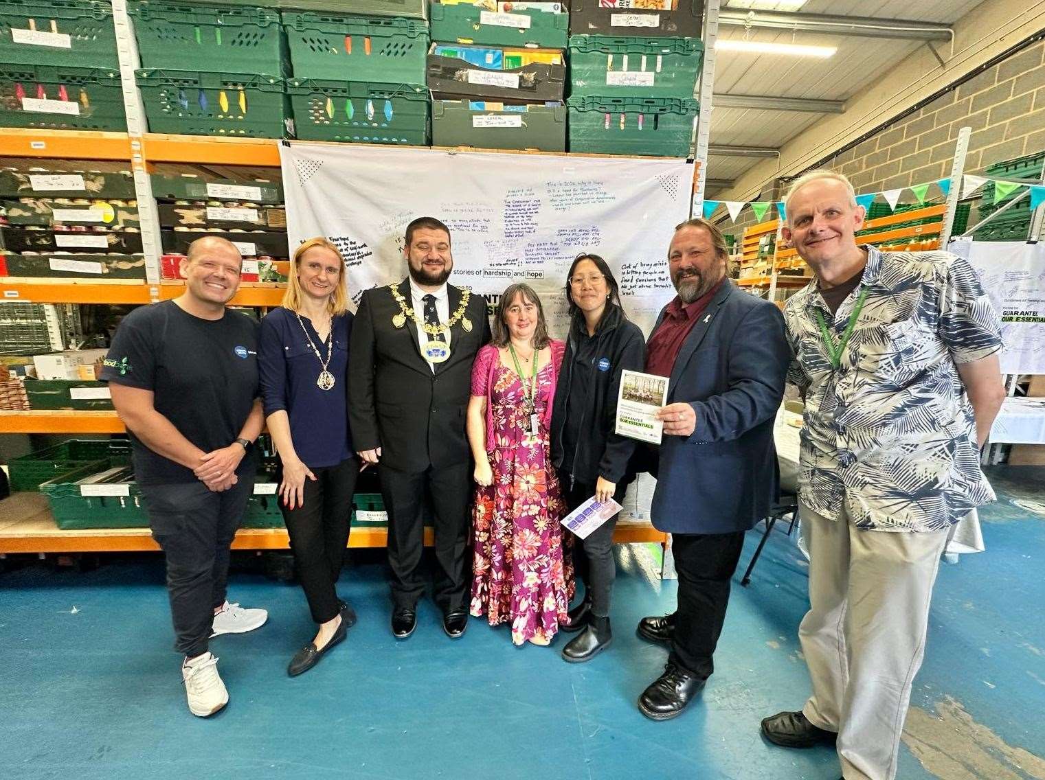 From left: Medway Citizens Advice CEO Dan McDonald, Mayoress of Medway Liubov Nestorov and Mayor of Medway Marian Nestorov, Medway Foodbank Project Manager Ruth Lindsay, Medway Citizens Advice Foodbank Adviser Katie Kalsi, Medway Council leader Vince Maple and Medway Foodbank Campaigns Manager, Mike Evans