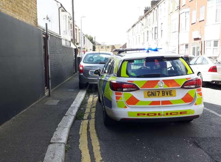 Police car outside house in Delamark Road, Sheerness