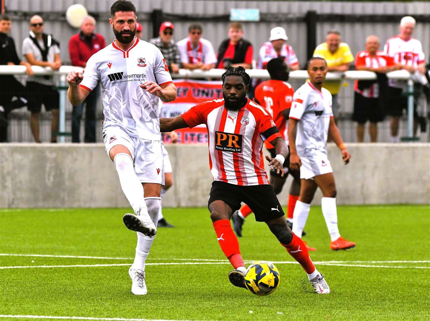 Ramsgate defender Jay Leader, left, in action at Sheppey on Saturday. Picture: Marc Richards